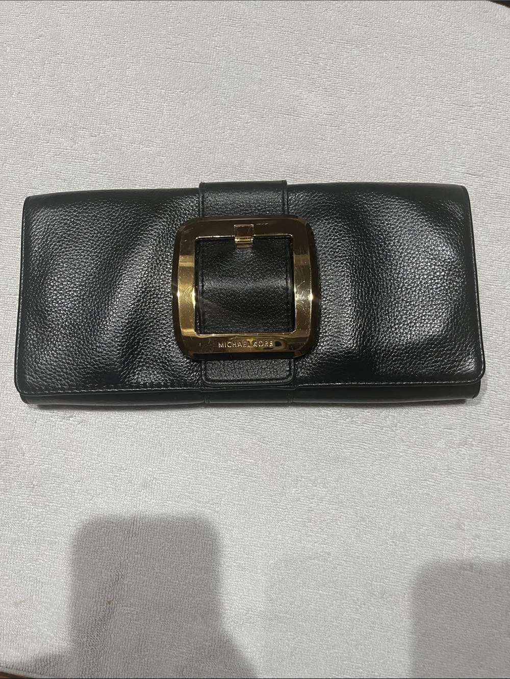 Michael Kors Black Leather Clutch with Gold Buckle